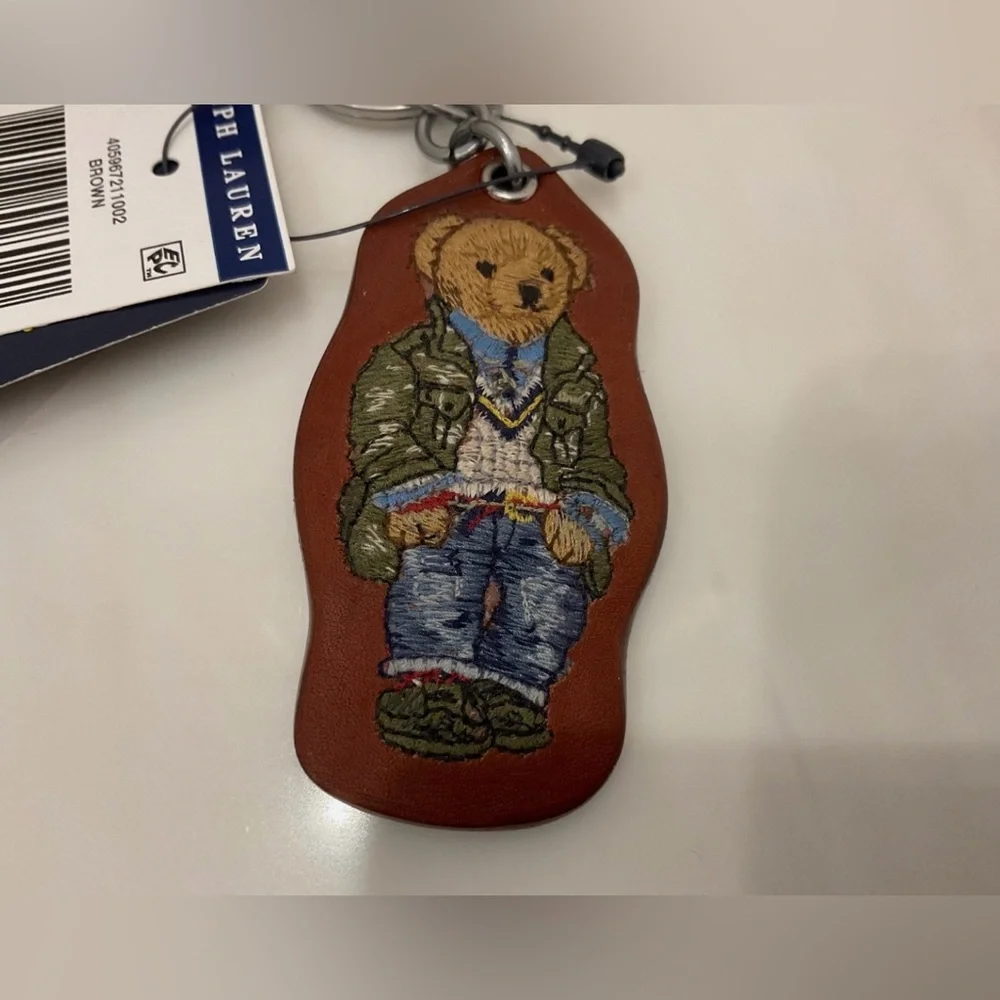 NEW Polo Ralph Lauren FIELD JACKET BEAR - LEATHER Key Ring Keychain - BROWN